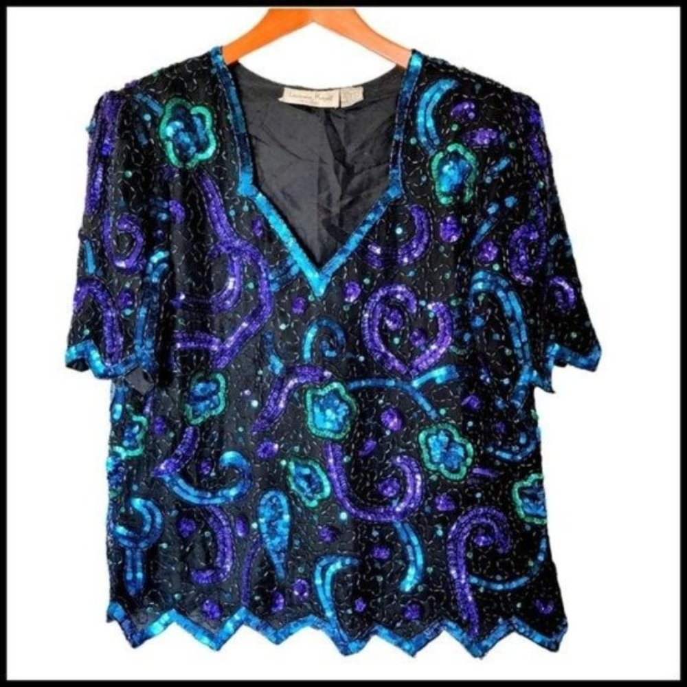 Vintage Laurence Kazar 80’s Blue Purple Sequined Beaded Top 100% Silk Plus Size